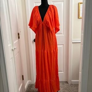 Deep V Orange Maxi Dress with Flutter Sleeves